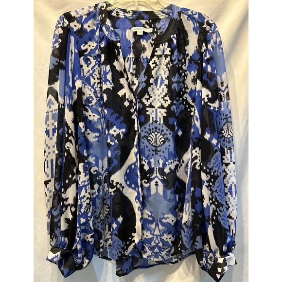 Chico's Blue Ikat Blouse Size 12 Billow Sleeves Sheer Chiffon Bohemian Career - Picture 1 of 9